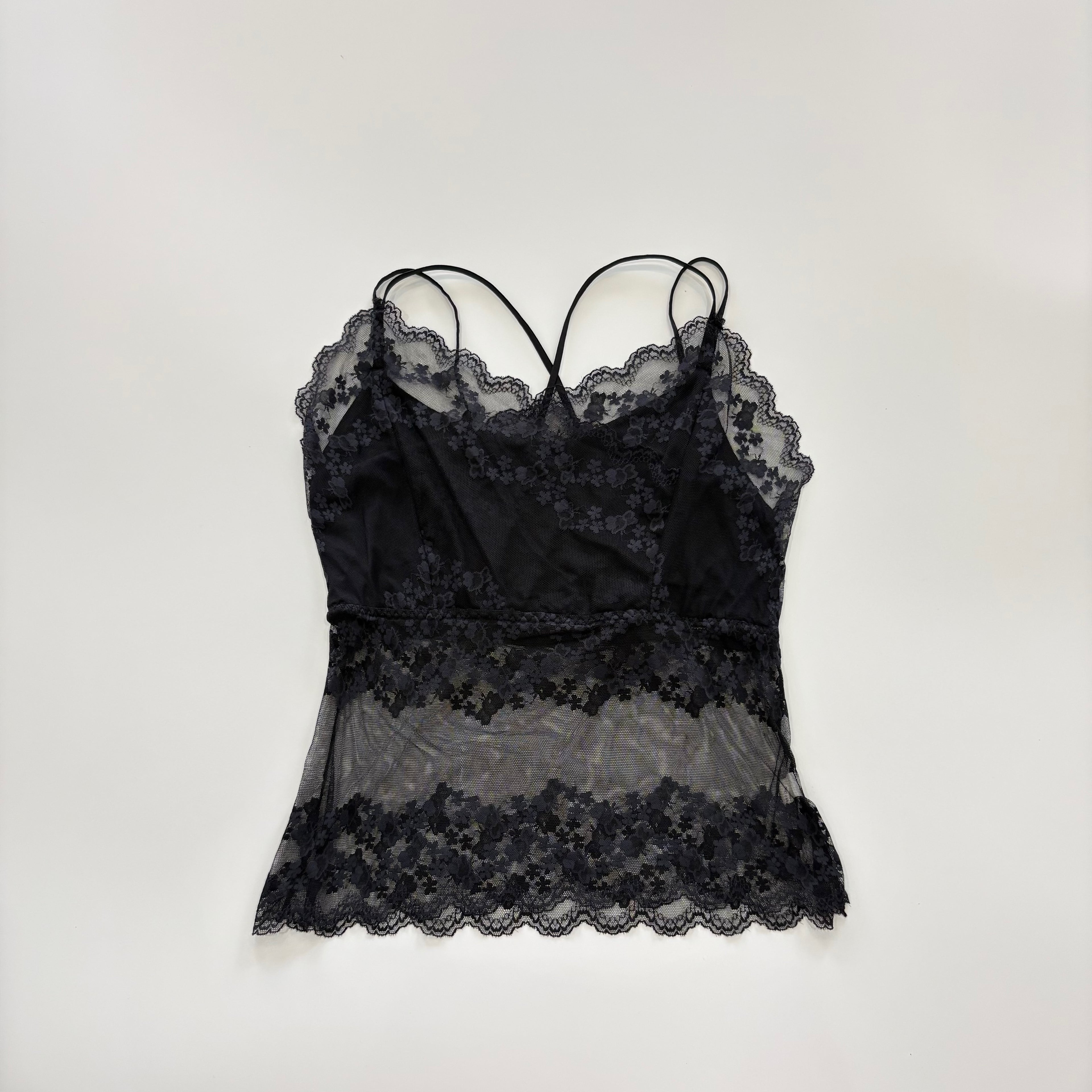 Vintage Y2K Black Sheer Floral Lace Cami Top - Size S/M