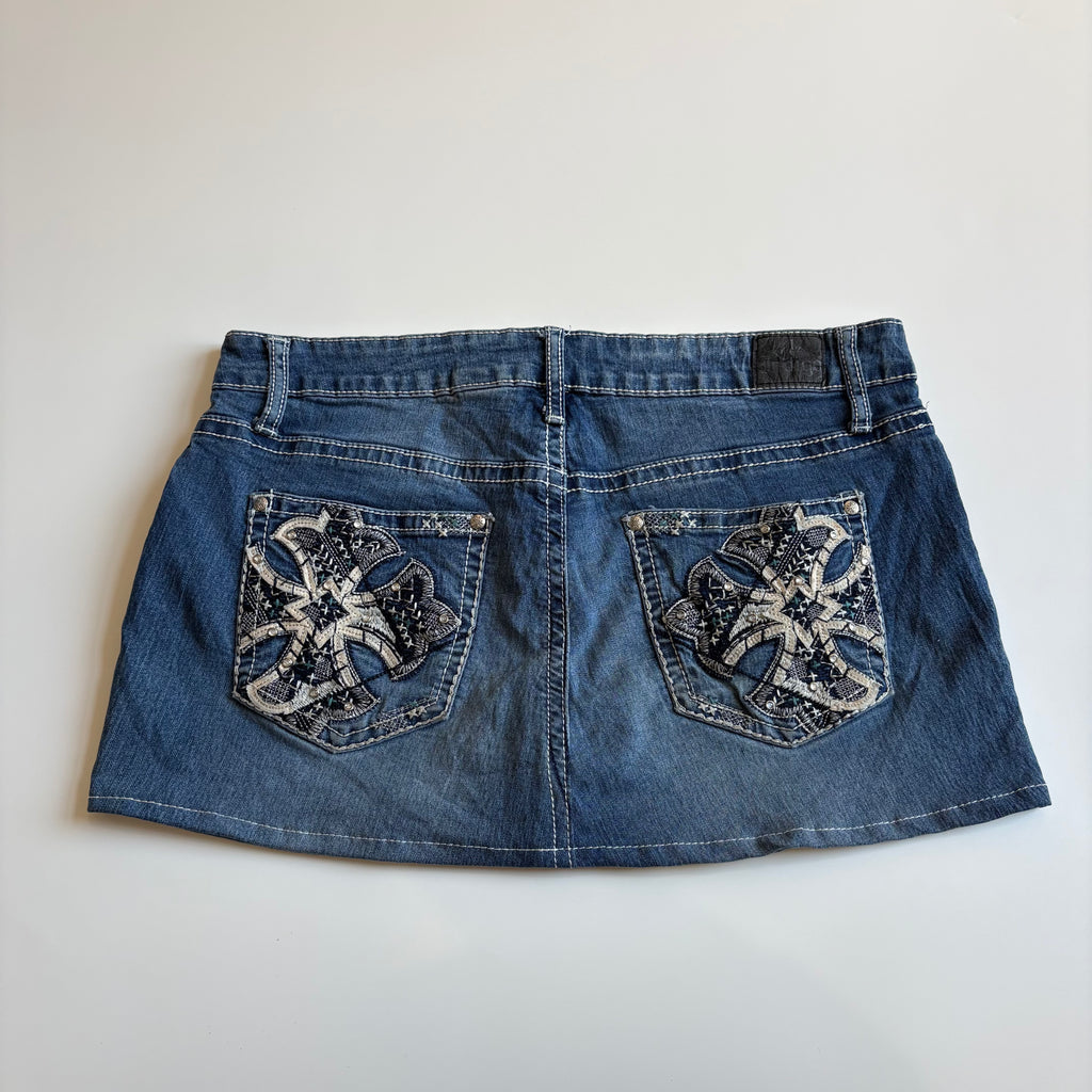 Vintage Y2K Low-Waisted Embellished Pocket Denim Mini Skirt - Size M/L