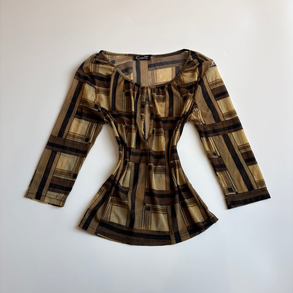 Vintage Y2K Geometric Mesh 3/4 Sleeve Top - Size M
