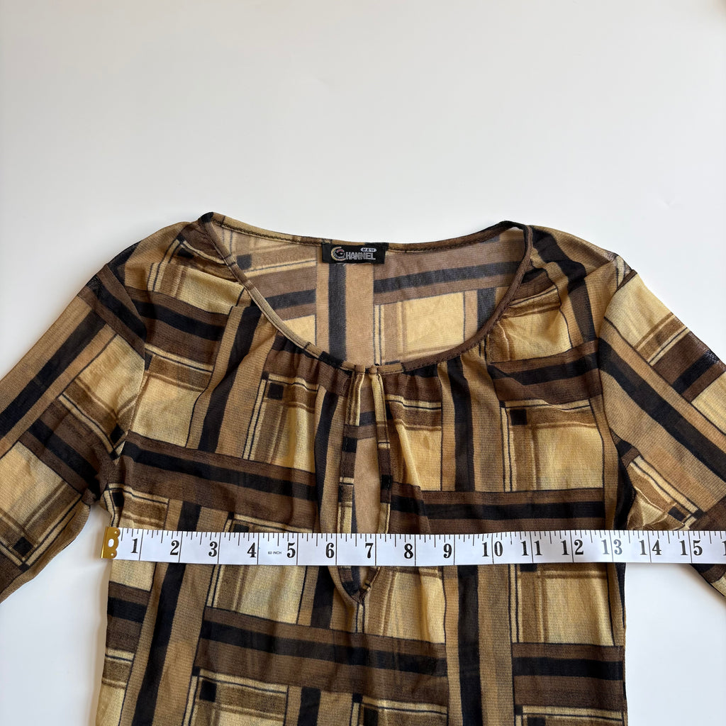 Vintage Y2K Geometric Mesh 3/4 Sleeve Top - Size M