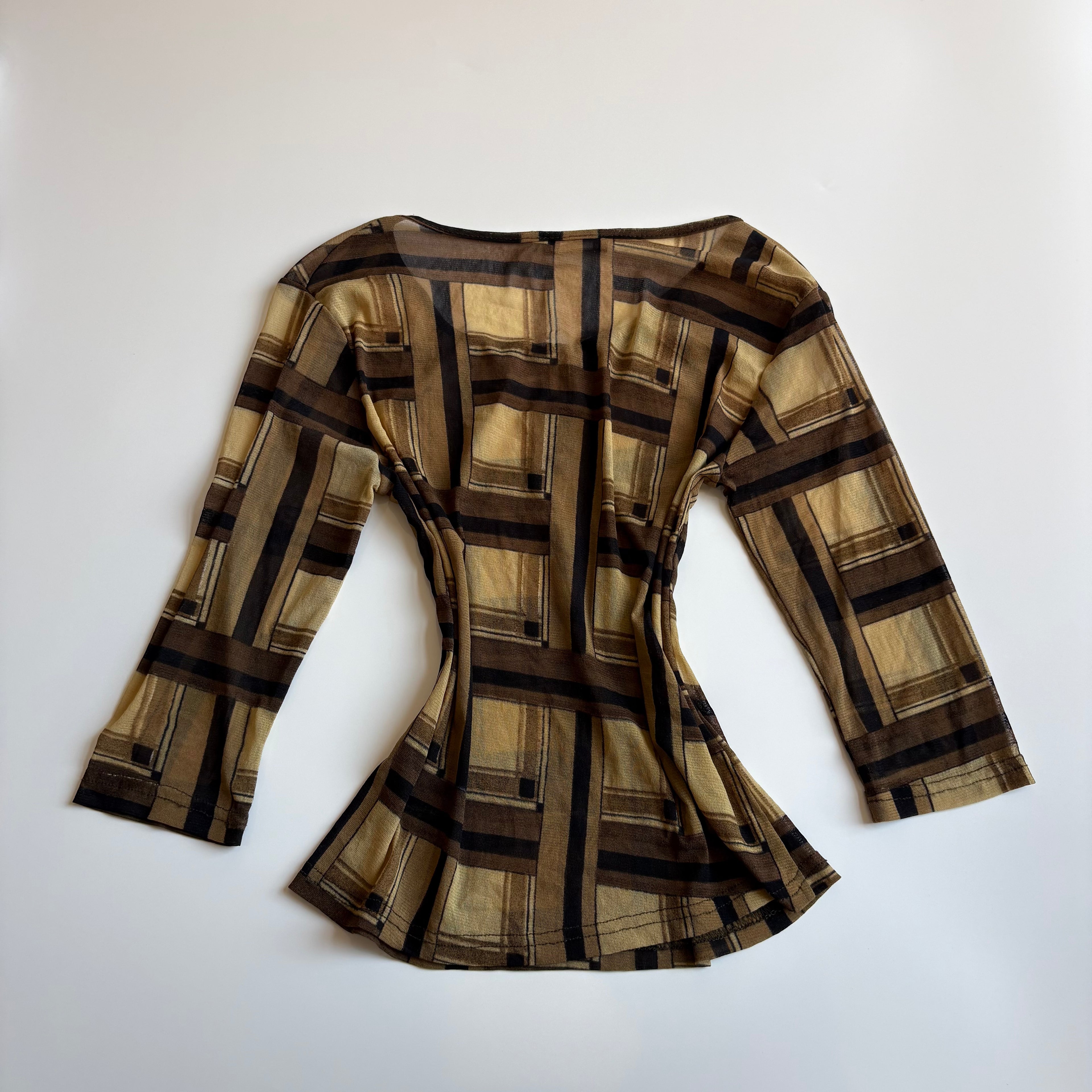 Vintage Y2K Geometric Mesh 3/4 Sleeve Top - Size M