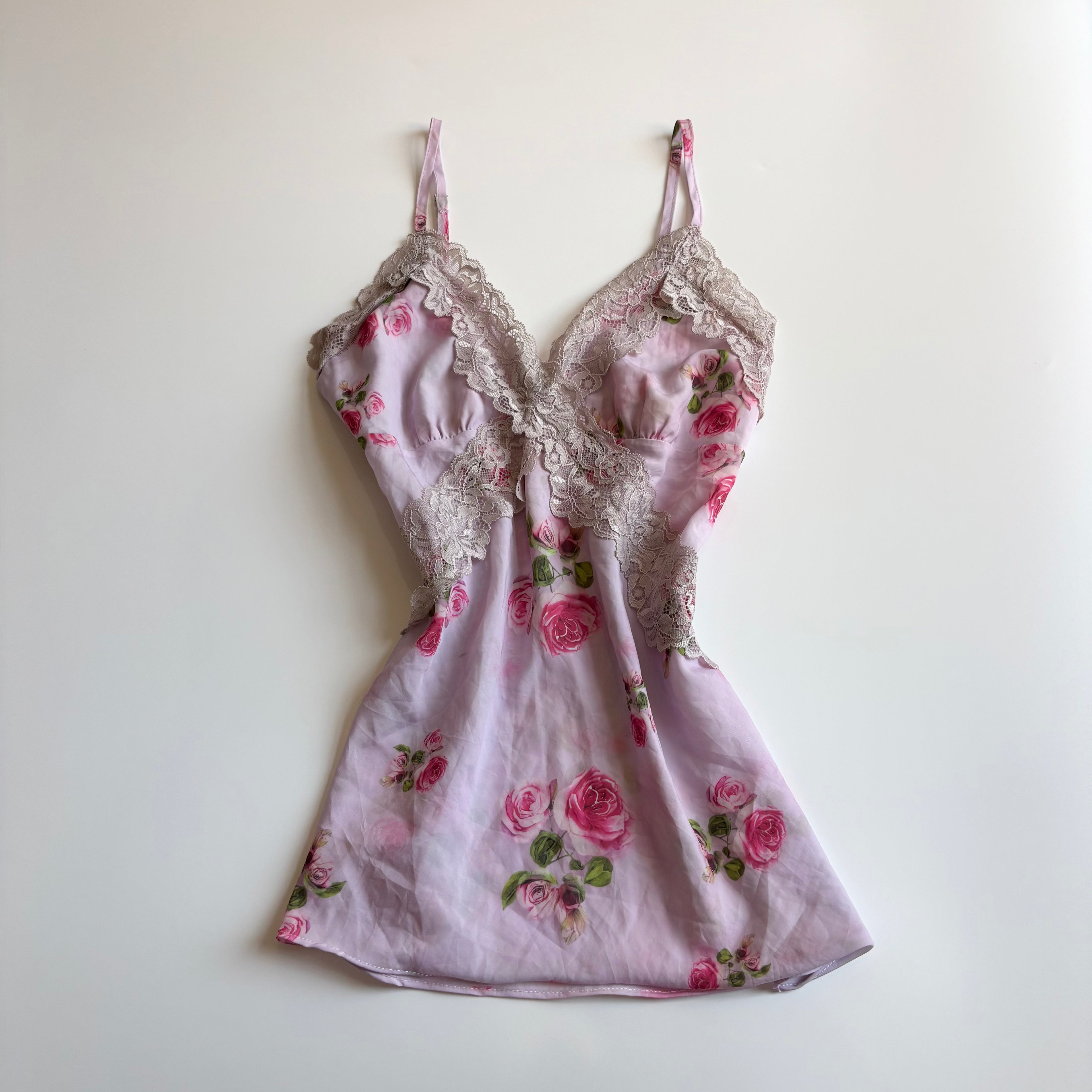 Vintage Y2K Rose Print Satin Lace Cami - Size S