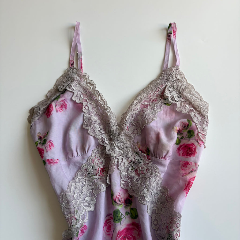 Vintage Y2K Rose Print Satin Lace Cami - Size S