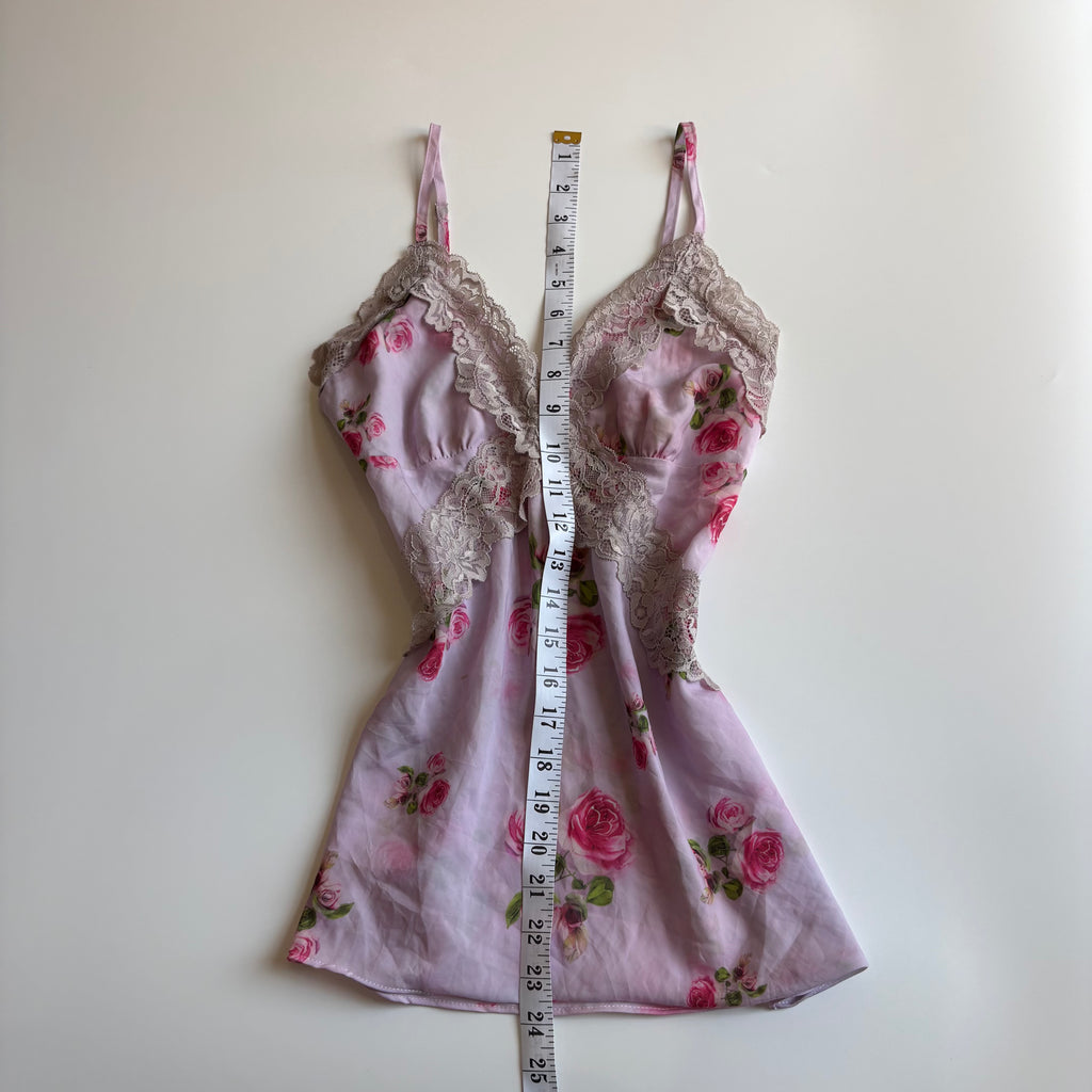 Vintage Y2K Rose Print Satin Lace Cami - Size S