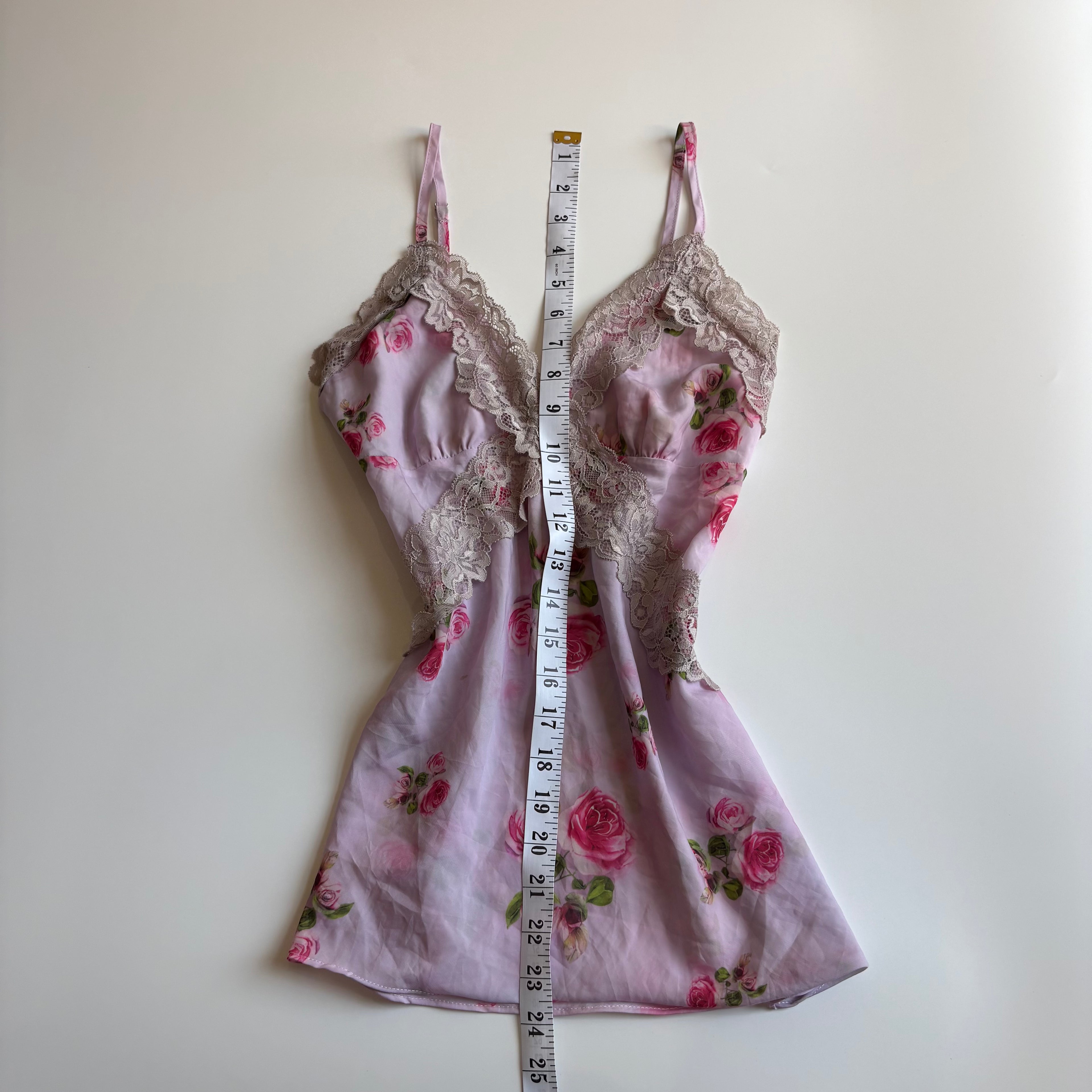 Vintage Y2K Rose Print Satin Lace Cami - Size S