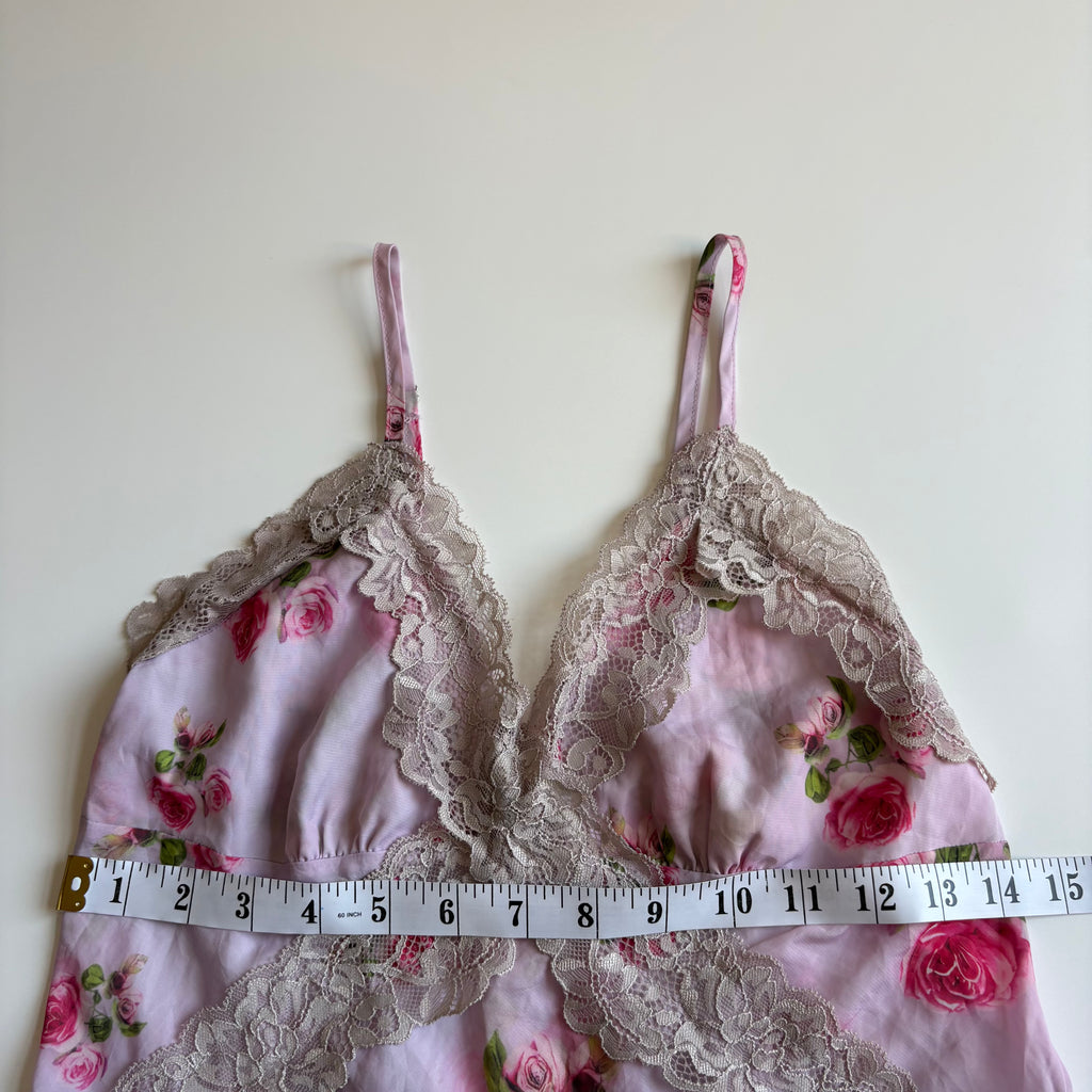Vintage Y2K Rose Print Satin Lace Cami - Size S