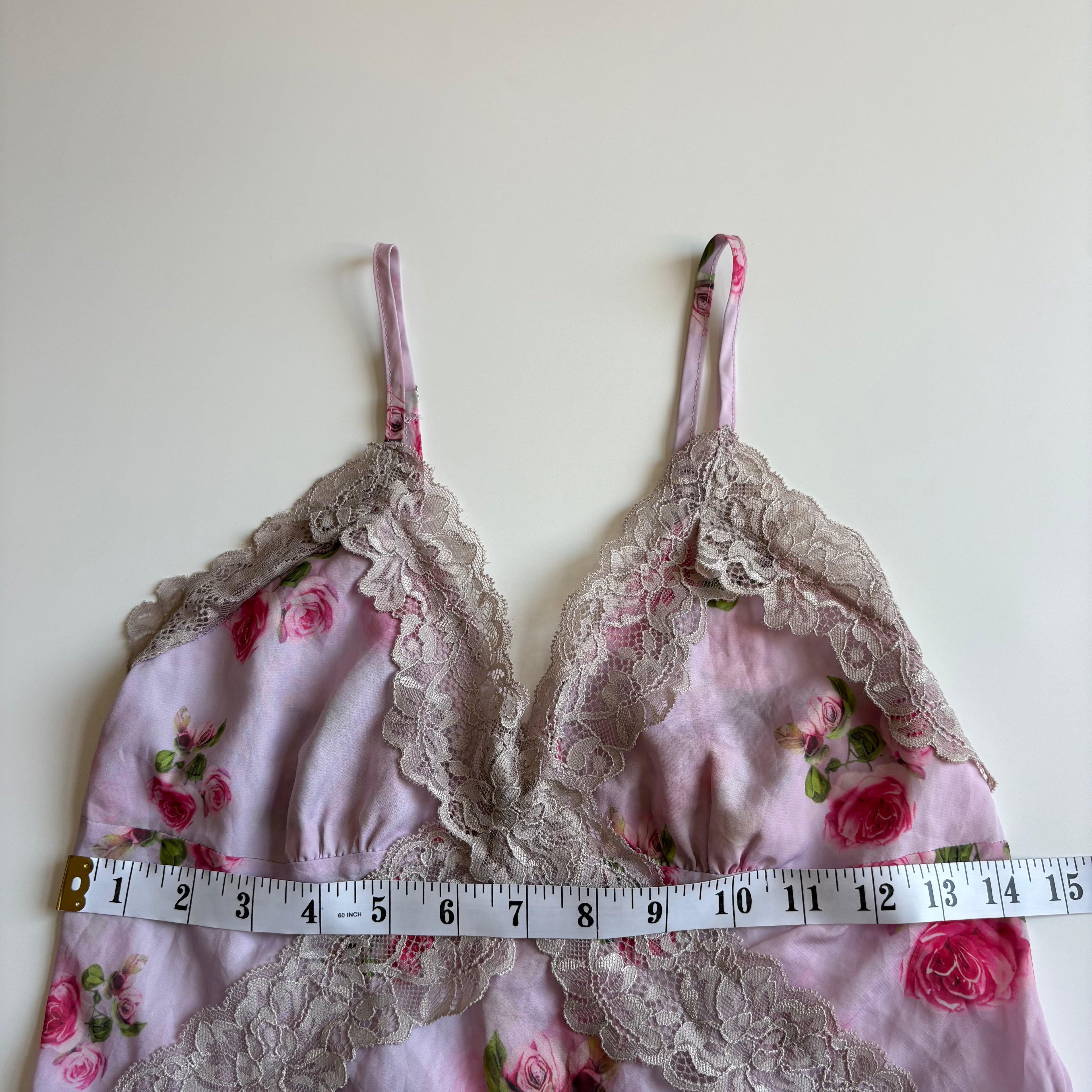 Vintage Y2K Rose Print Satin Lace Cami - Size S