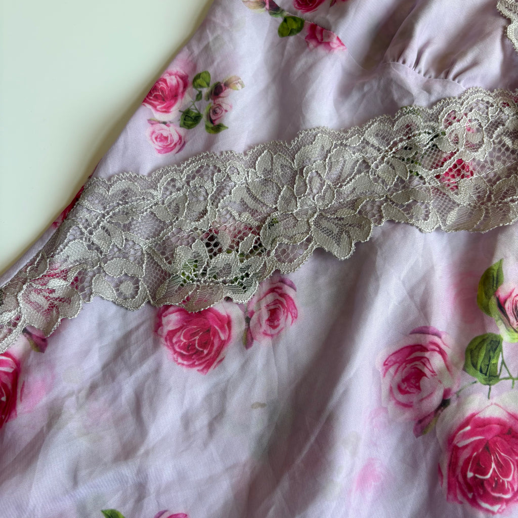 Vintage Y2K Rose Print Satin Lace Cami - Size S