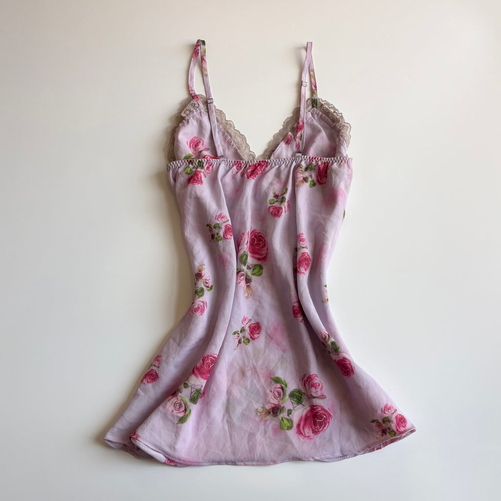 Vintage Y2K Rose Print Satin Lace Cami - Size S
