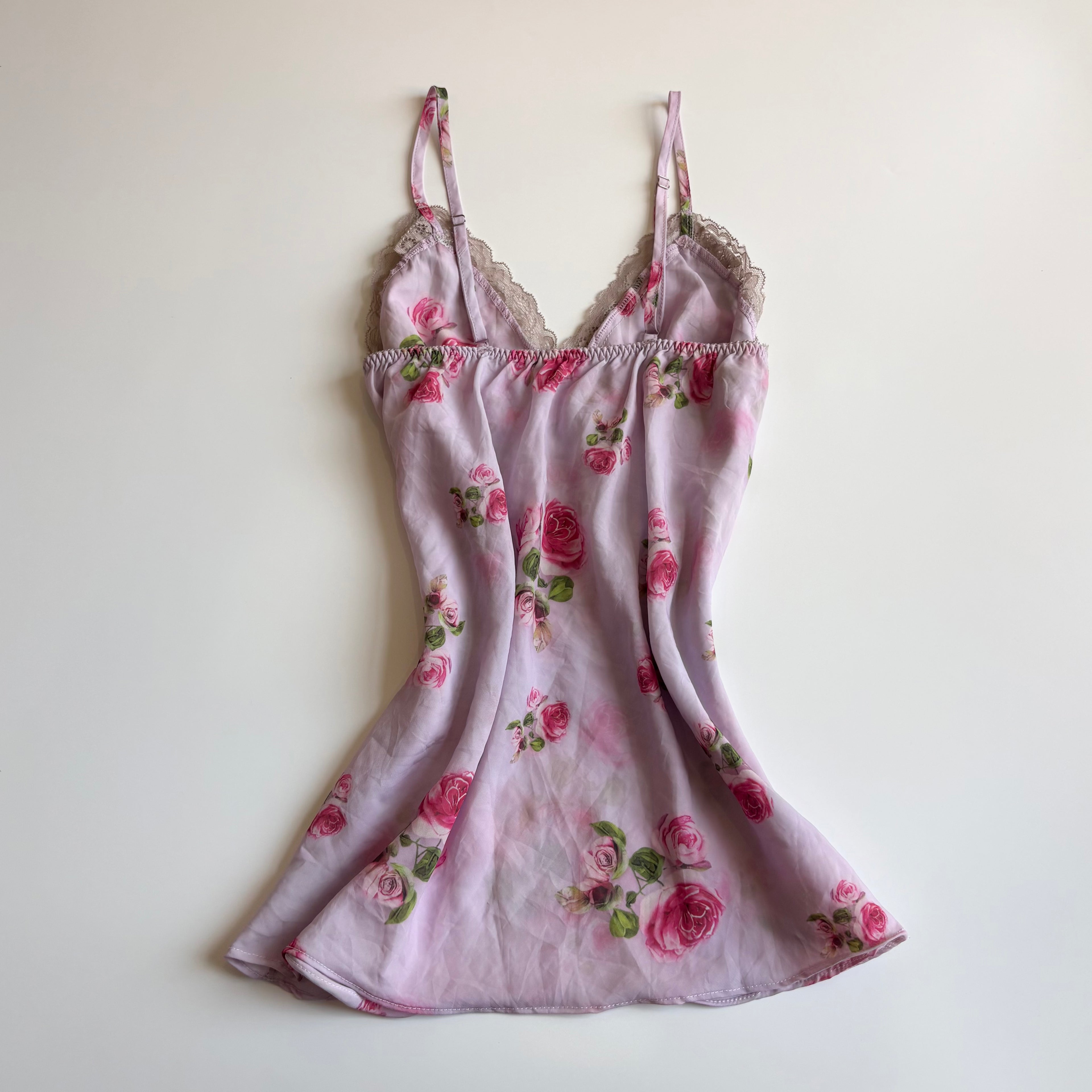 Vintage Y2K Rose Print Satin Lace Cami - Size S