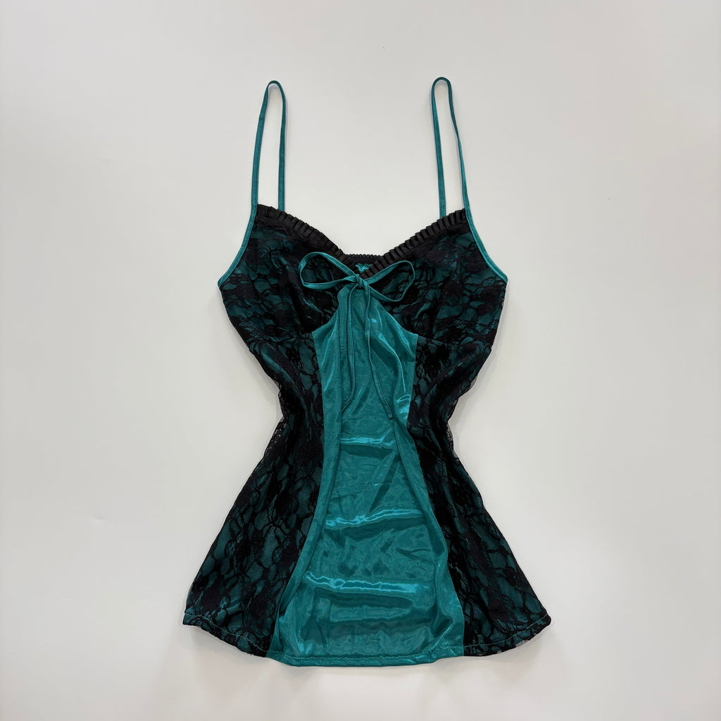 Vintage Y2K Emerald Satin Lace Bow Cami - Size S