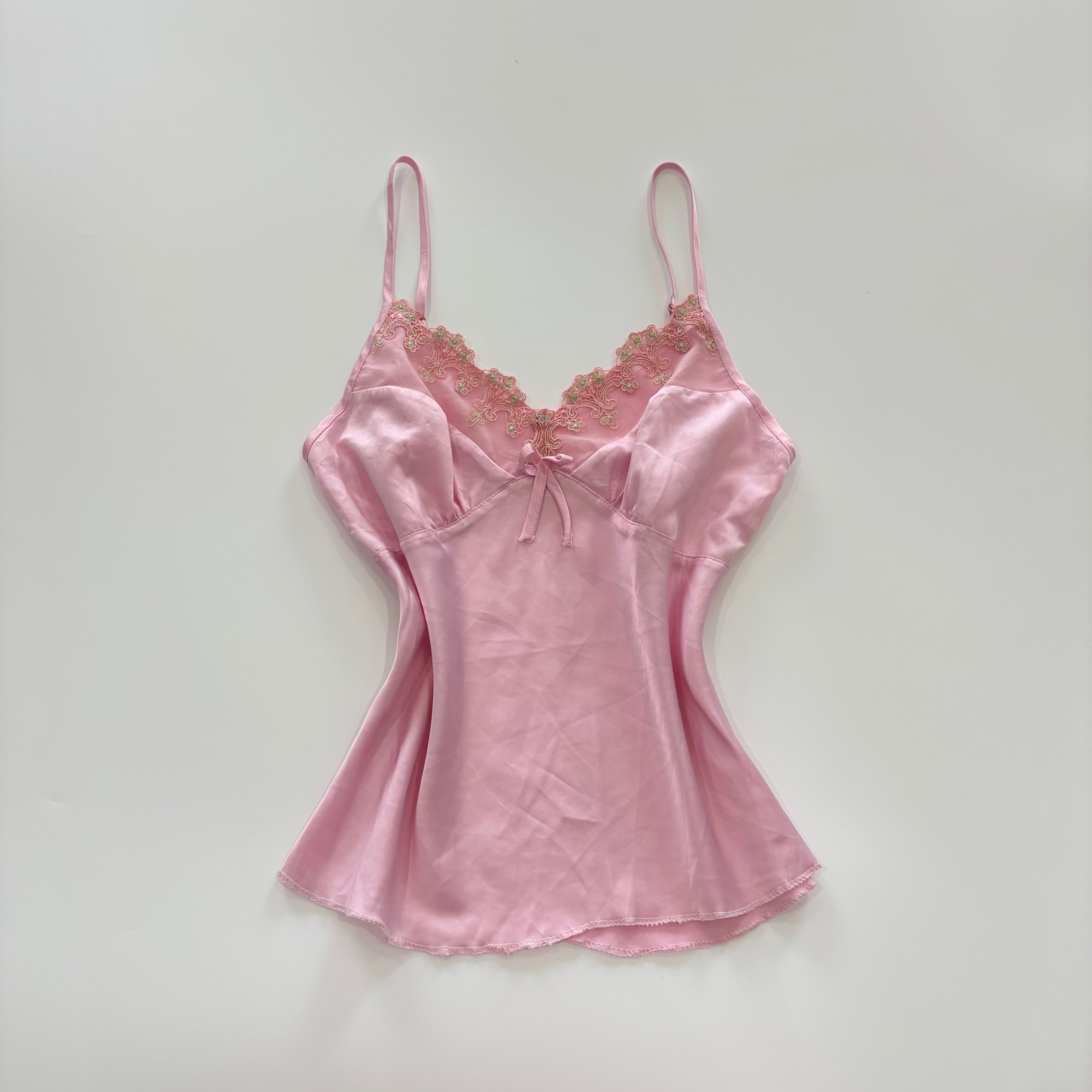 Vintage Y2K Pink Satin Embroidered Lace Cami - Size S