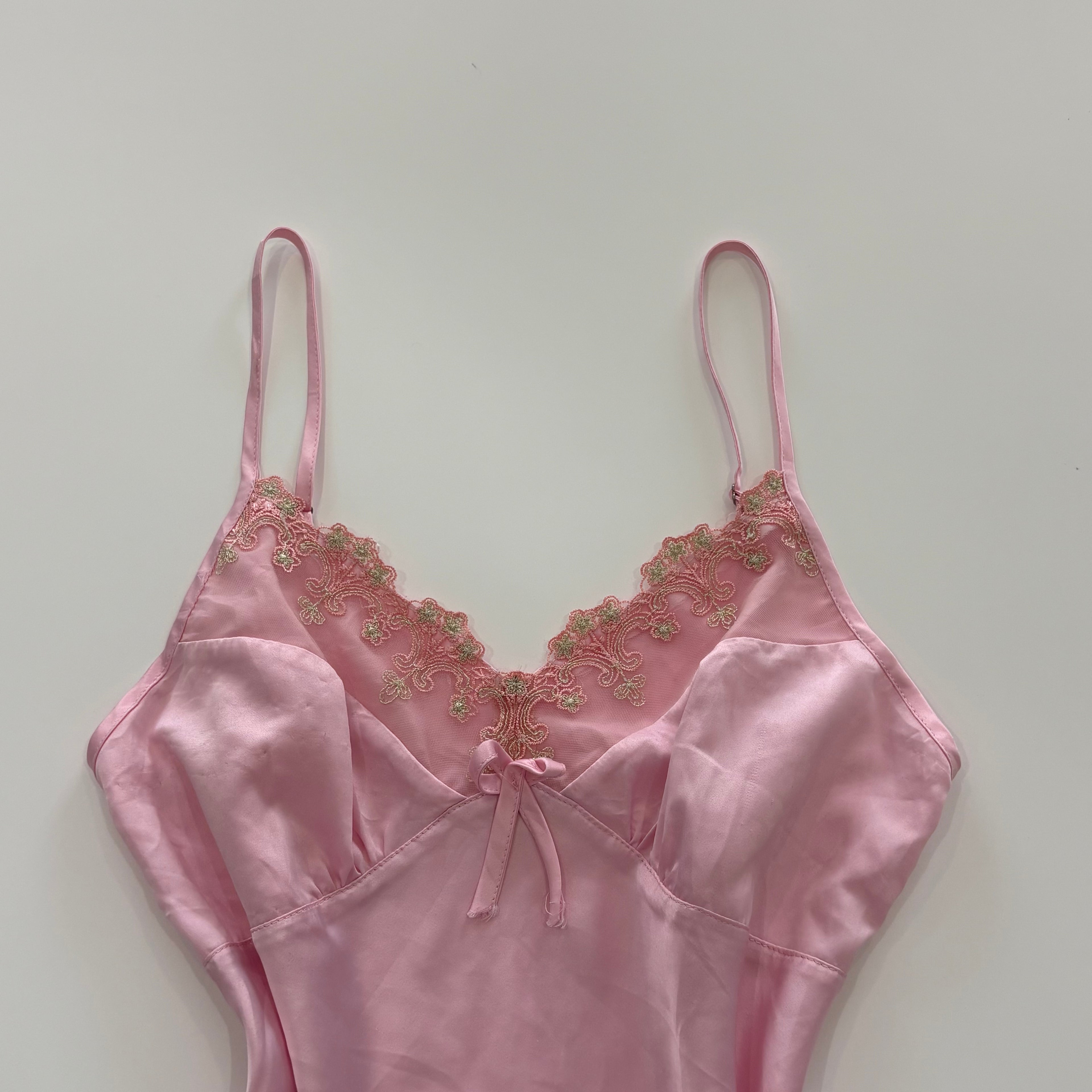 Vintage Y2K Pink Satin Embroidered Lace Cami - Size S