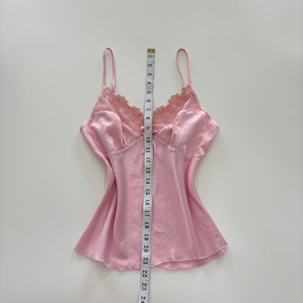Vintage Y2K Pink Satin Embroidered Lace Cami - Size S