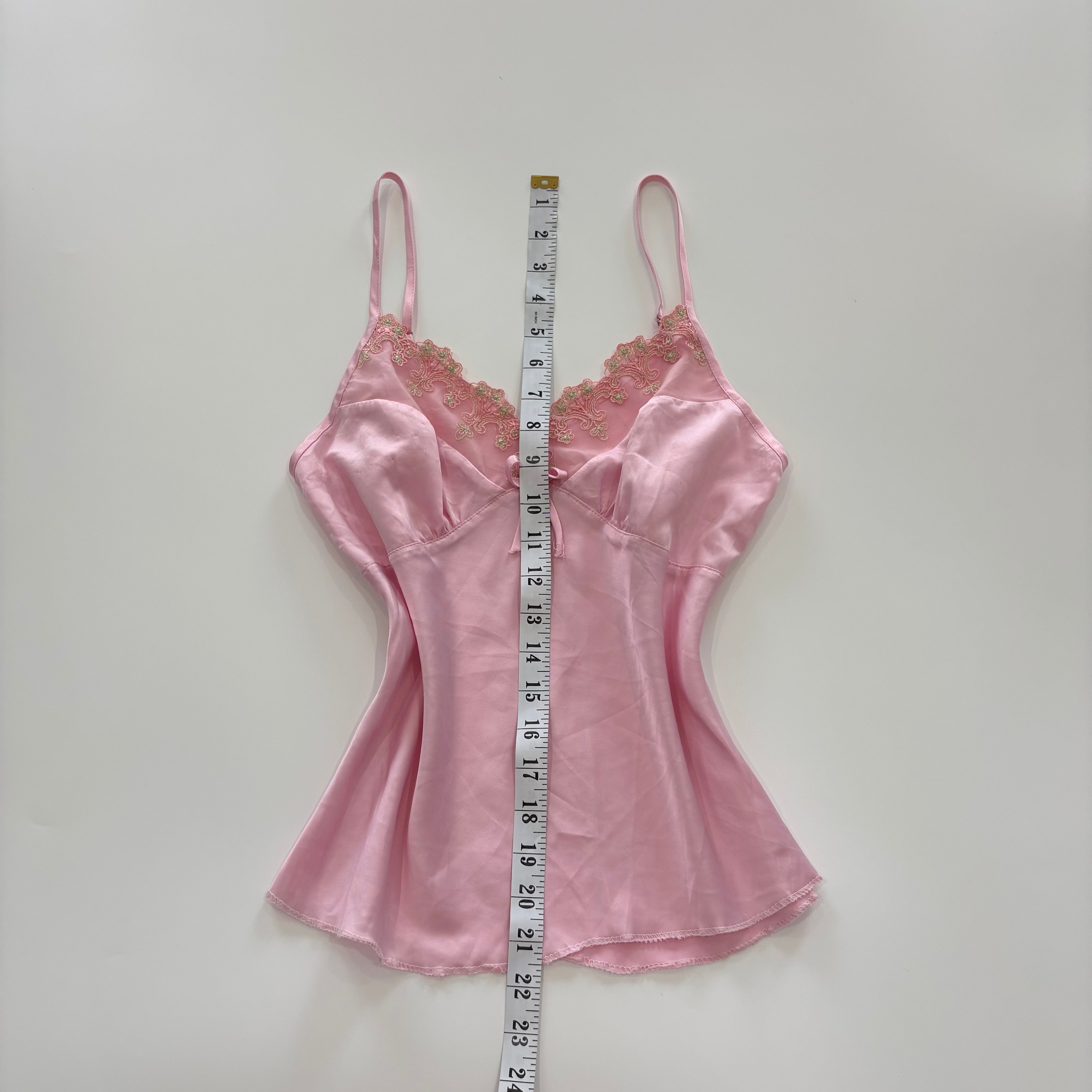 Vintage Y2K Pink Satin Embroidered Lace Cami - Size S