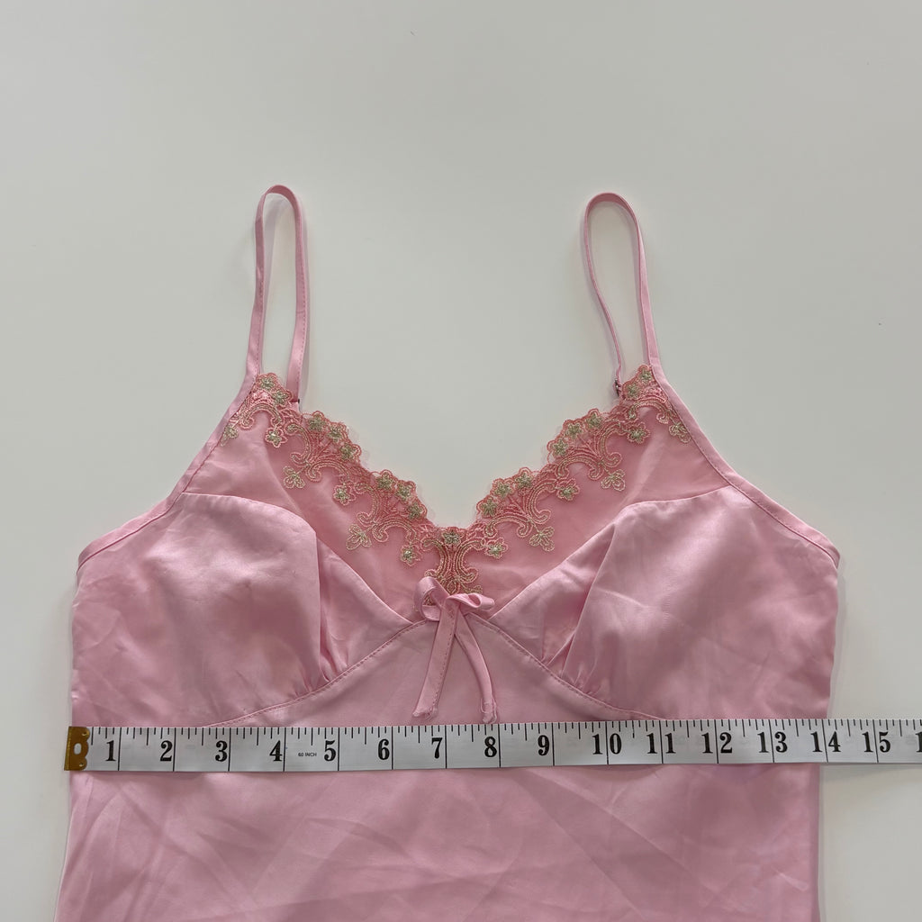 Vintage Y2K Pink Satin Embroidered Lace Cami - Size S
