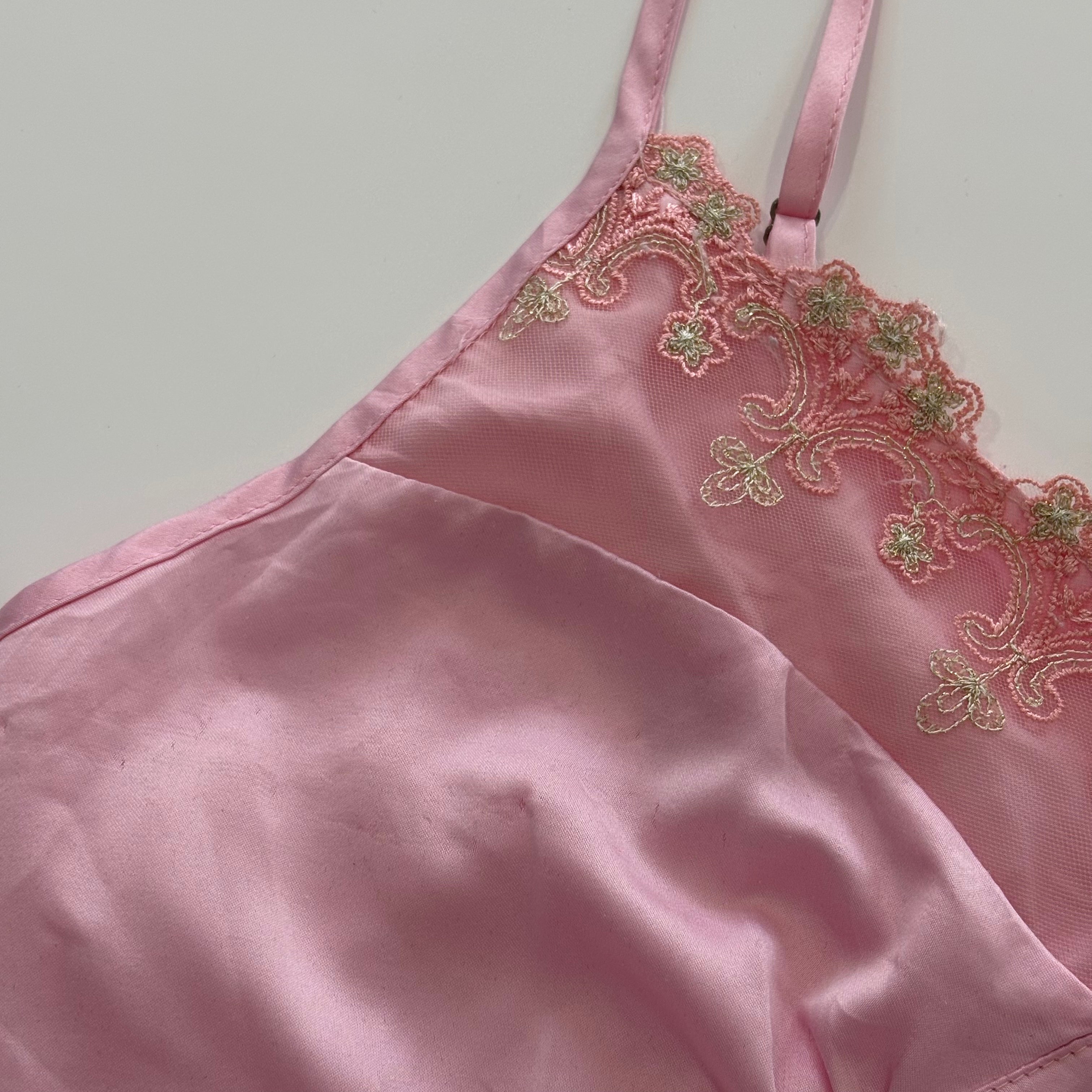 Vintage Y2K Pink Satin Embroidered Lace Cami - Size S