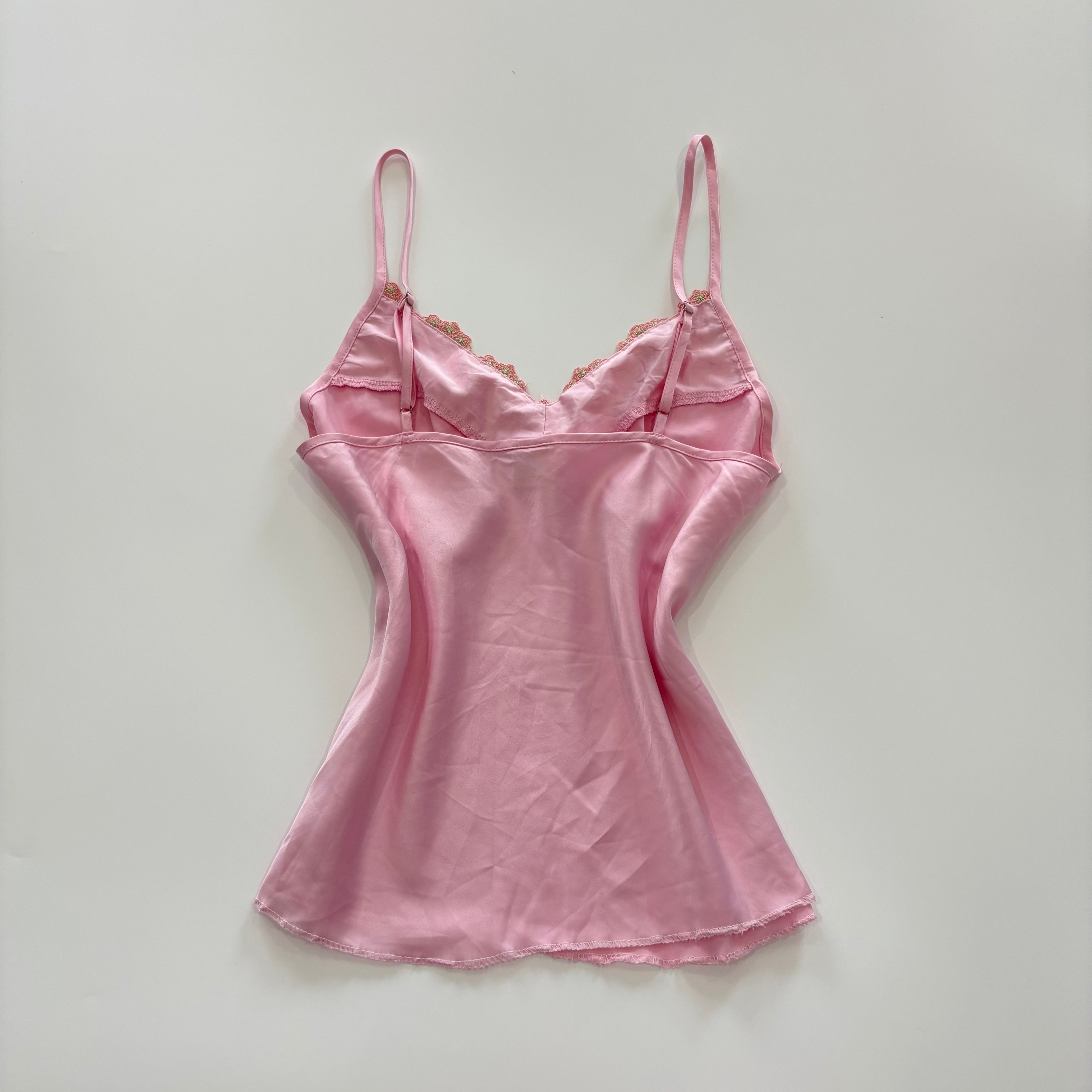 Vintage Y2K Pink Satin Embroidered Lace Cami - Size S