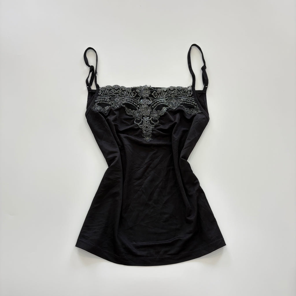 Vintage Y2K Black Glitter Embroidered Cami - Size S