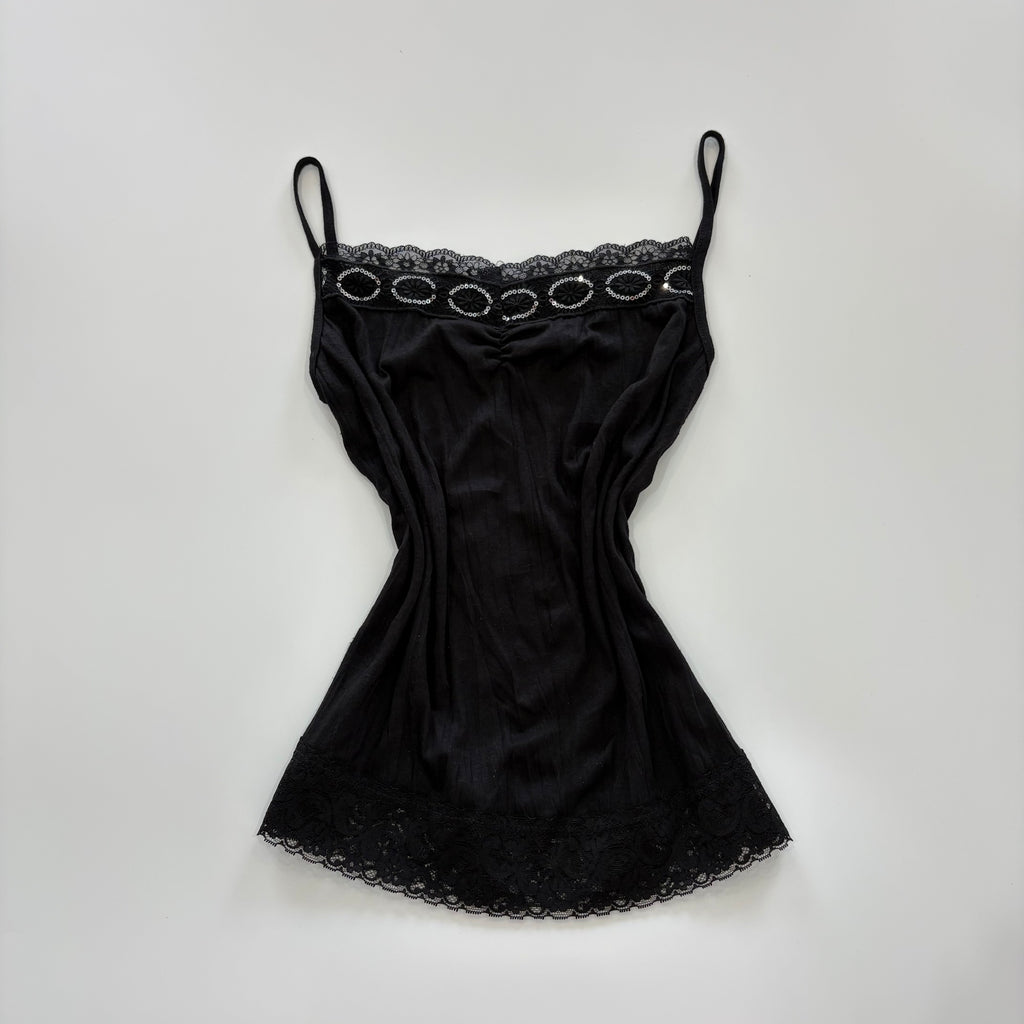 Vintage Y2K Black Lace Trim Sequin Cami - Size S