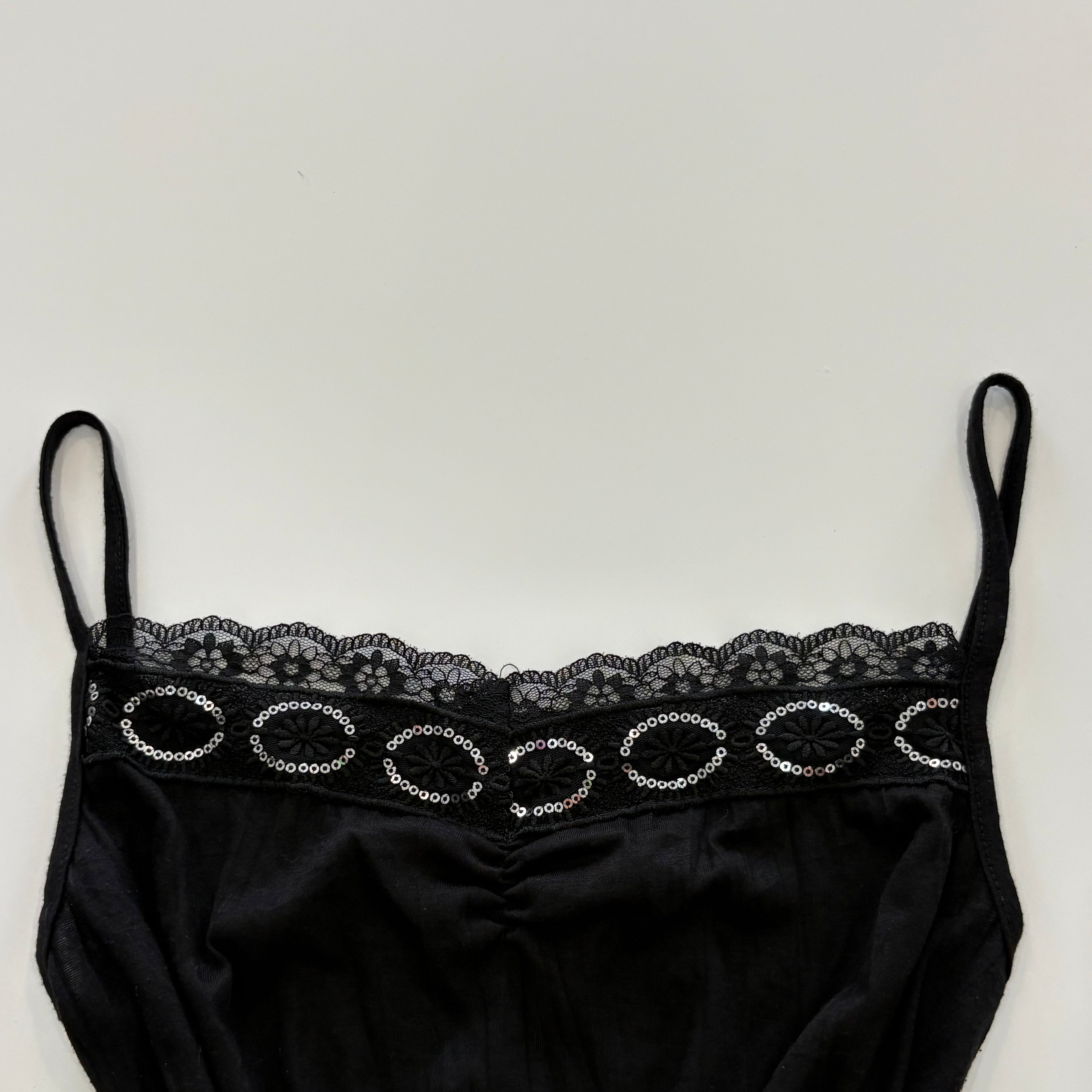 Vintage Y2K Black Lace Trim Sequin Cami - Size S