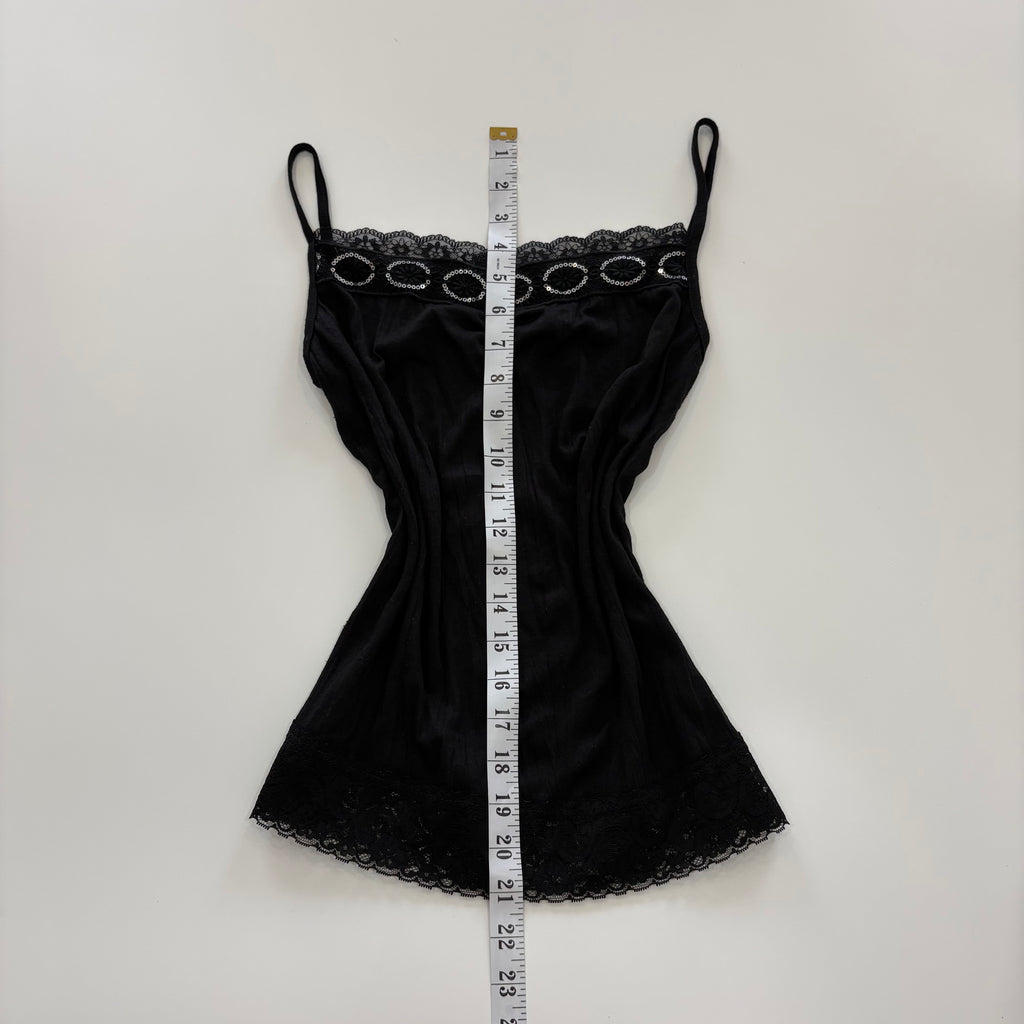 Vintage Y2K Black Lace Trim Sequin Cami - Size S