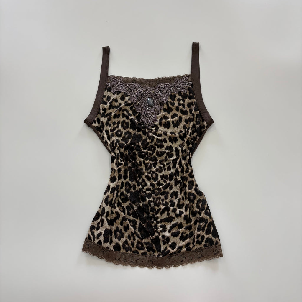 Vintage Y2K Leopard Print Embellished Cami - Size S/M